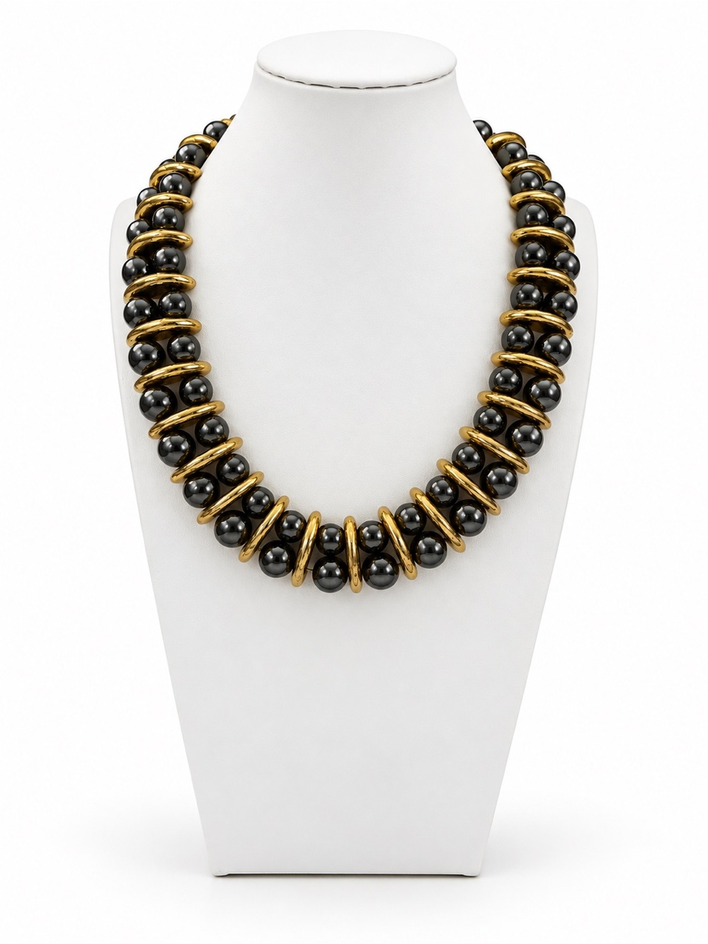 Vintage Signed Monet Heavy Weight Gold Tone Gunmetal Bead Collar Necklace